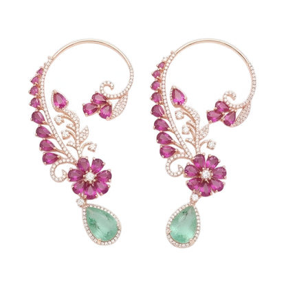 Rose gold ear cuff earrings with ruby pink pear-cut flower, pavé zircon vine design and mint green teardrop stone
