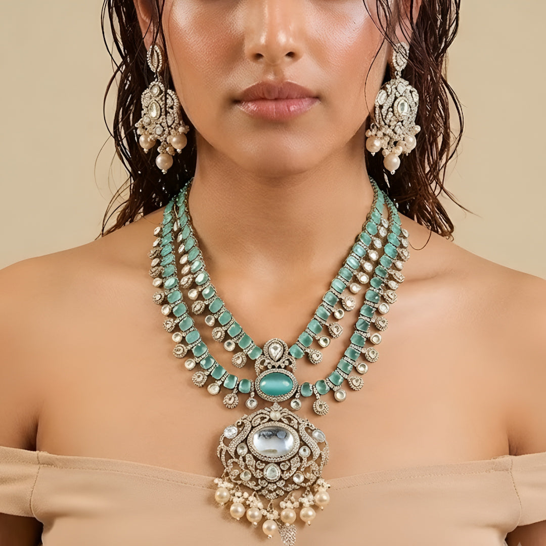 "Antique gold triple-strand turquoise necklace with pearl fringe pendant, matching drop earrings"