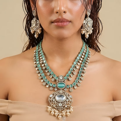 "Antique gold triple-strand turquoise necklace with pearl fringe pendant, matching drop earrings"