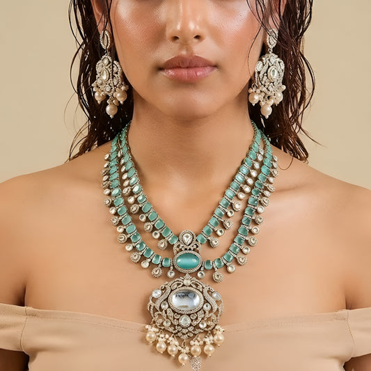 "Antique gold triple-strand turquoise necklace with pearl fringe pendant, matching drop earrings"