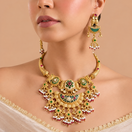 Multicolour stone statement necklace set for weddings and festive occasions.