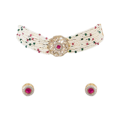 Multi-Strand Pearl Beaded Choker with Kundan Ruby Medallion
