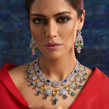 Luxury Multicolor American Diamond Choker Necklace Set with Earrings for Women Rhodium Plated Bridal Wedding Jewelry
