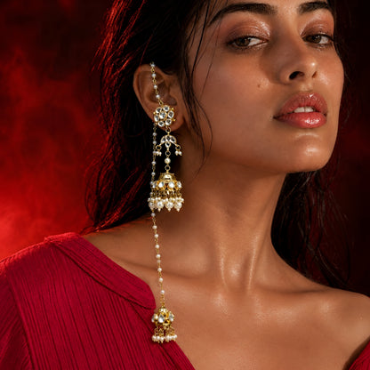 Kundan Ear Cuff Jhumka Earrings with Double Jhumki & Pearl Chain