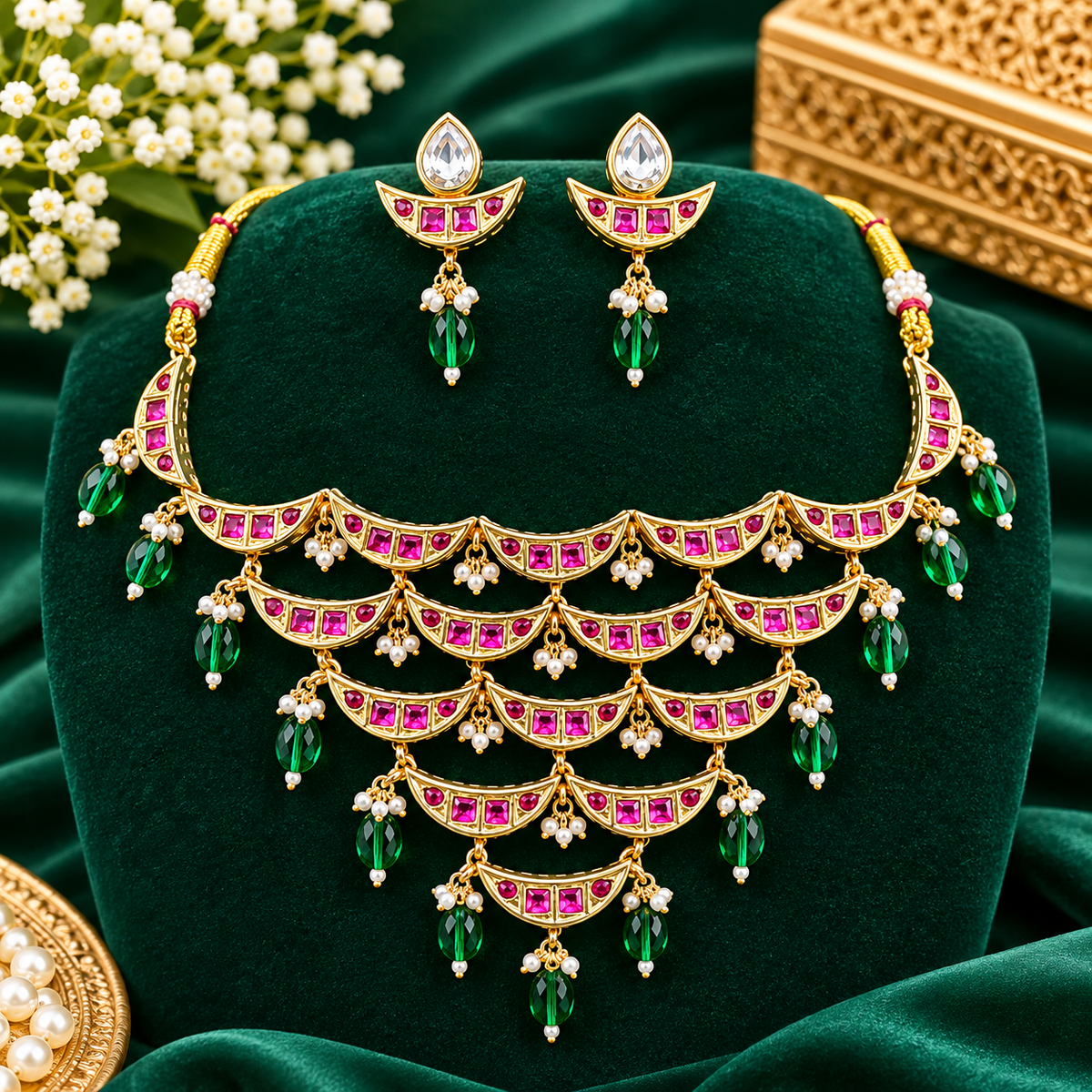 Gold-finish kundan crescent-tier necklace set with ruby-pink stones, green bead and pearl hangings and matching pear-top earrings