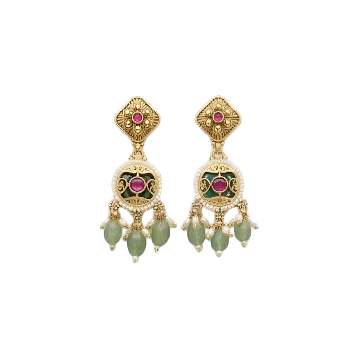 Antique gold plated necklace set with round ruby pink medallions, pastel green bead and pearl drops and matching earrings on a blue bust