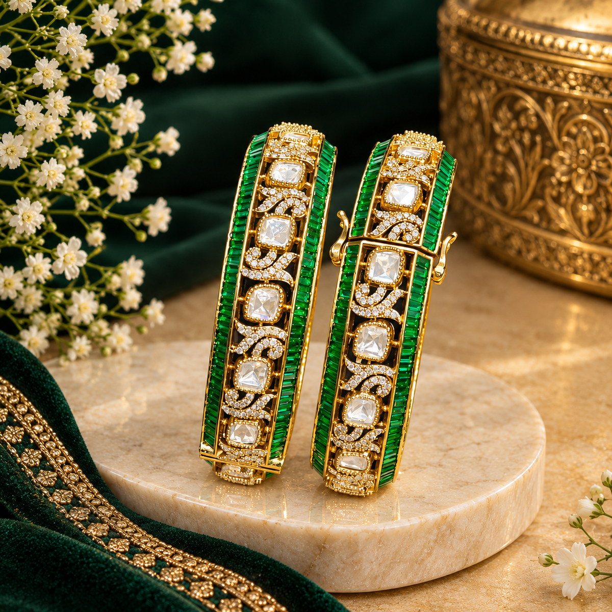 Pair of gold-finish openable kada bangles with emerald-green baguette stones, polki-style clear cushion-cut stones, and Victorian-style American diamond scrollwork