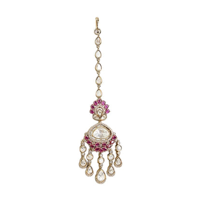 Gold finish kundan polki maang tikka with ruby pink pear-stone fan, large clear centre stone, American diamond halo and chandelier-style kundan drops – Auraa Trends
