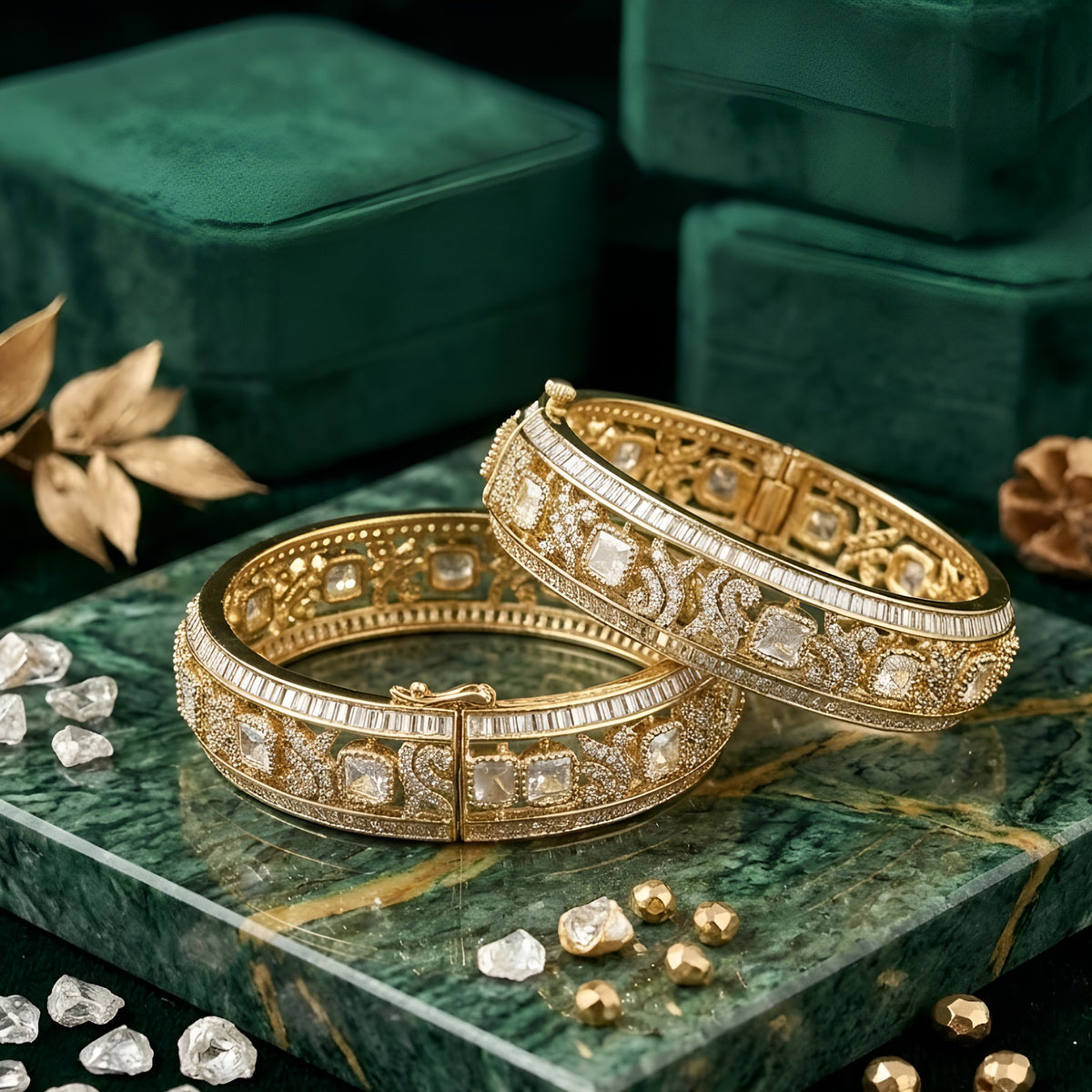 Pair of gold-finish openable kada bangles with polki-style clear square stones, Victorian-style scrollwork, and baguette-cut American diamond edges