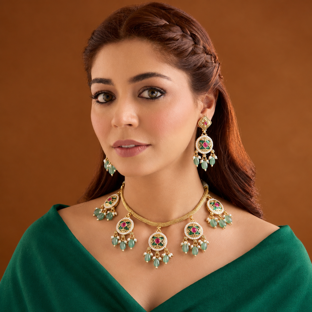 Antique gold plated necklace set with round ruby pink medallions, pastel green bead and pearl drops and matching earrings on a blue bust