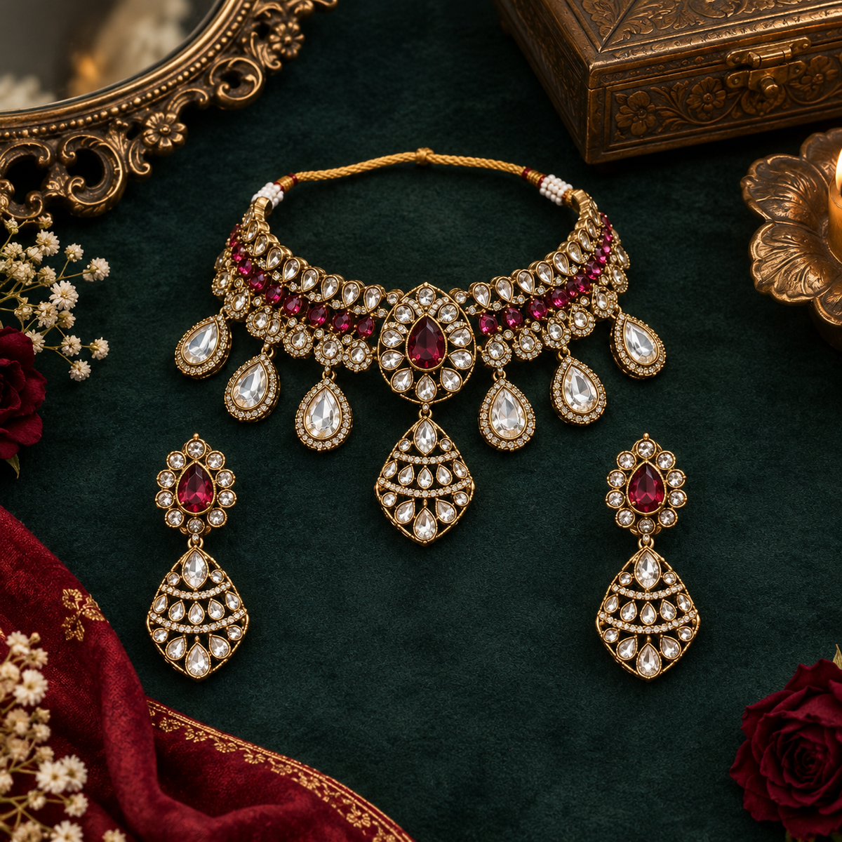 Gold-finish ruby red kundan polki bridal choker necklace set with teardrop polki drops, lattice pendant and matching earrings