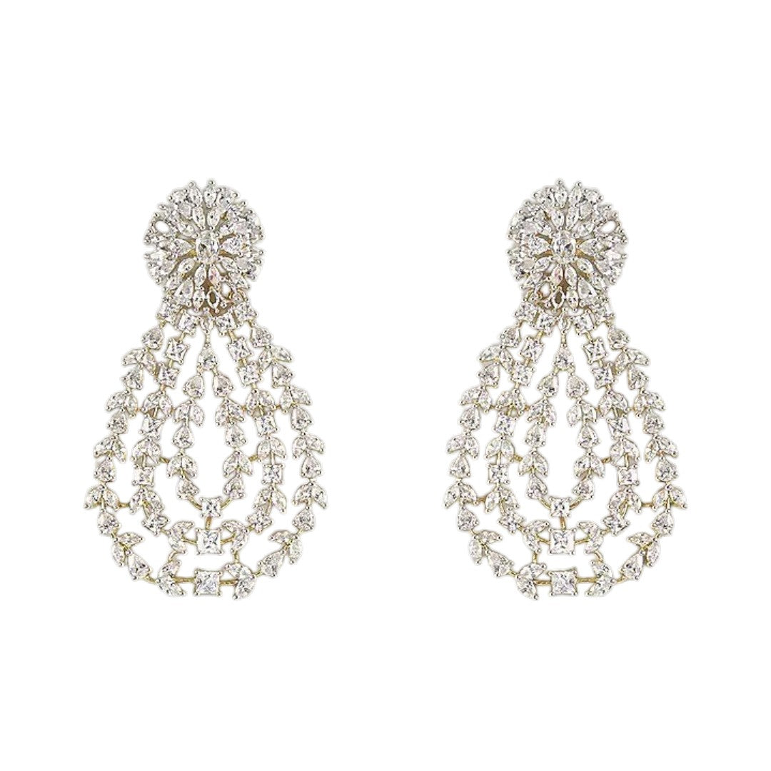 Gold-toned white stone chandelier earrings with floral top and teardrop design"