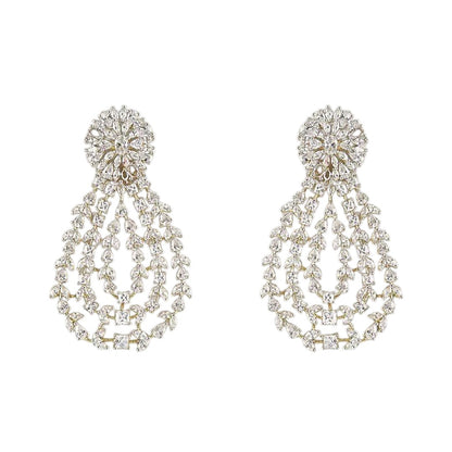 Gold-toned white stone chandelier earrings with floral top and teardrop design"
