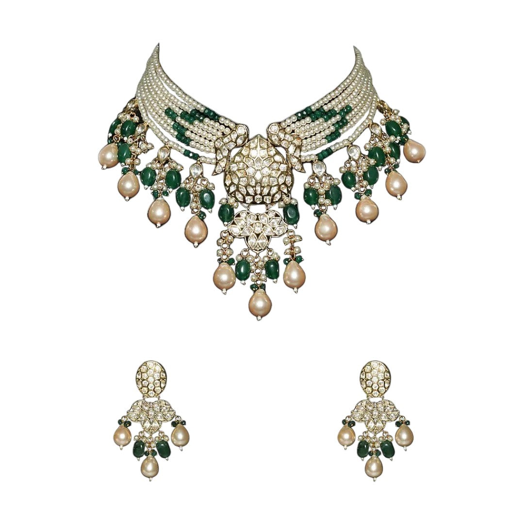 Multi-strand pearl and emerald green beaded choker necklace set with polki pendant and matching chandbali earrings