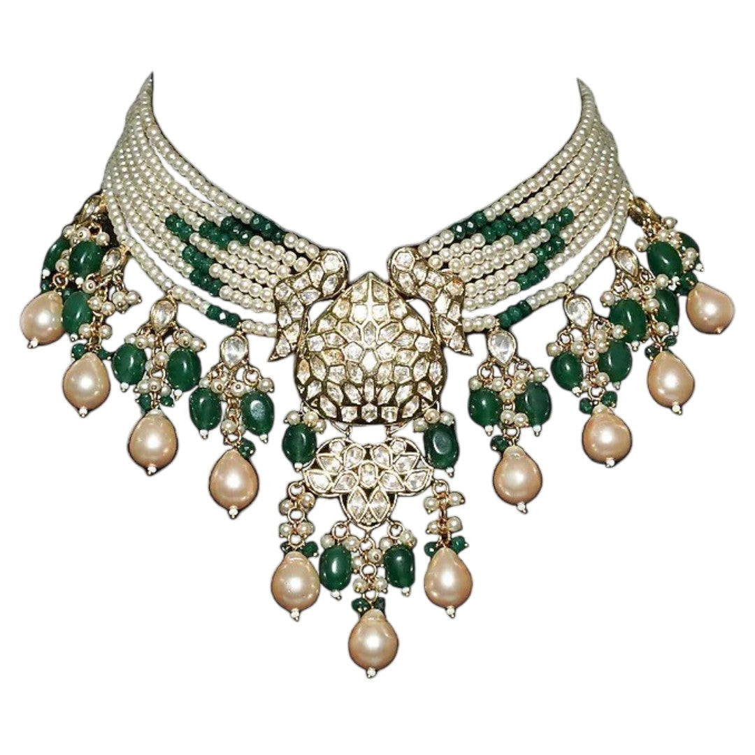 Multi-strand pearl and emerald green beaded choker necklace set with polki pendant and matching chandbali earrings