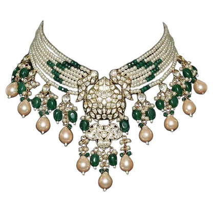 Multi-strand pearl and emerald green beaded choker necklace set with polki pendant and matching chandbali earrings