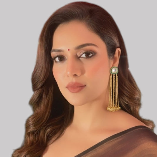 Minimalist Green Kundan Stud with Multi-Chain Golden Dangler Earrings