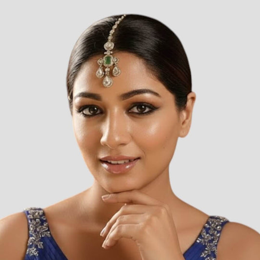 Gold-Plated Kundan Maang Tikka with Emerald Center & Pear-Shaped Stones