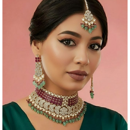 "Bridal Kundan choker necklace set with green beads, pearls, and matching earrings and maang tikka – traditional Indian jewelry for women"
