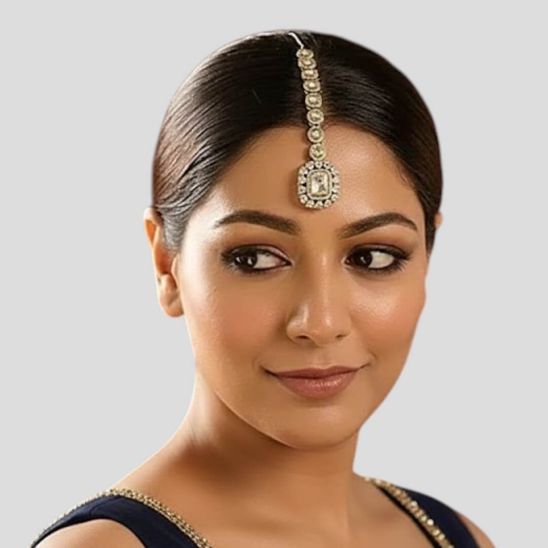 Gold-Plated Kundan Maang Tikka with Round Stone Detailing for Women