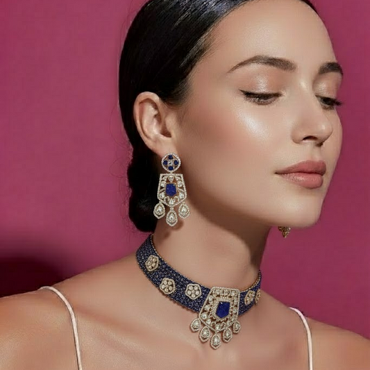 "Royal Blue Beaded Kundan Choker Necklace Set with Earrings – Traditional Indian Bridal Jewelry"