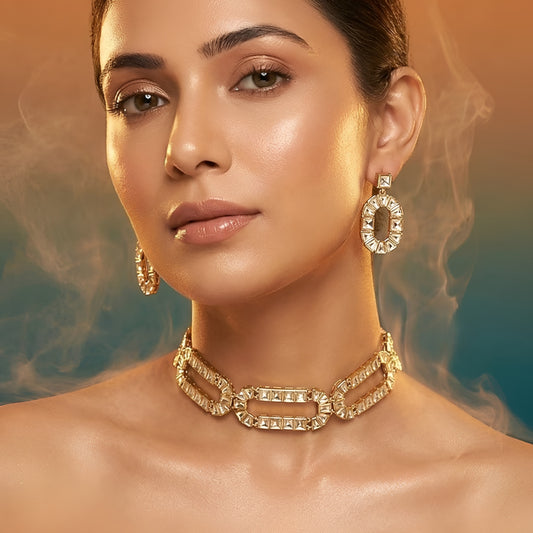 Gold-Plated Geometric Crystal Statement Necklace Set with Matching Earrings for Women