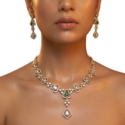 Gold-Plated Green Stone & American Diamond Necklace Set with Matching Drop Earrings for Women