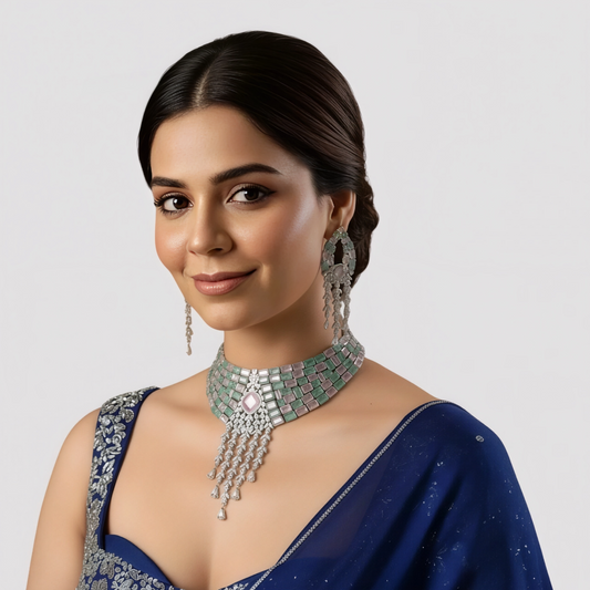 Pastel Green & Pink Stone Studded Silver Polish Choker Necklace Set with Earrings