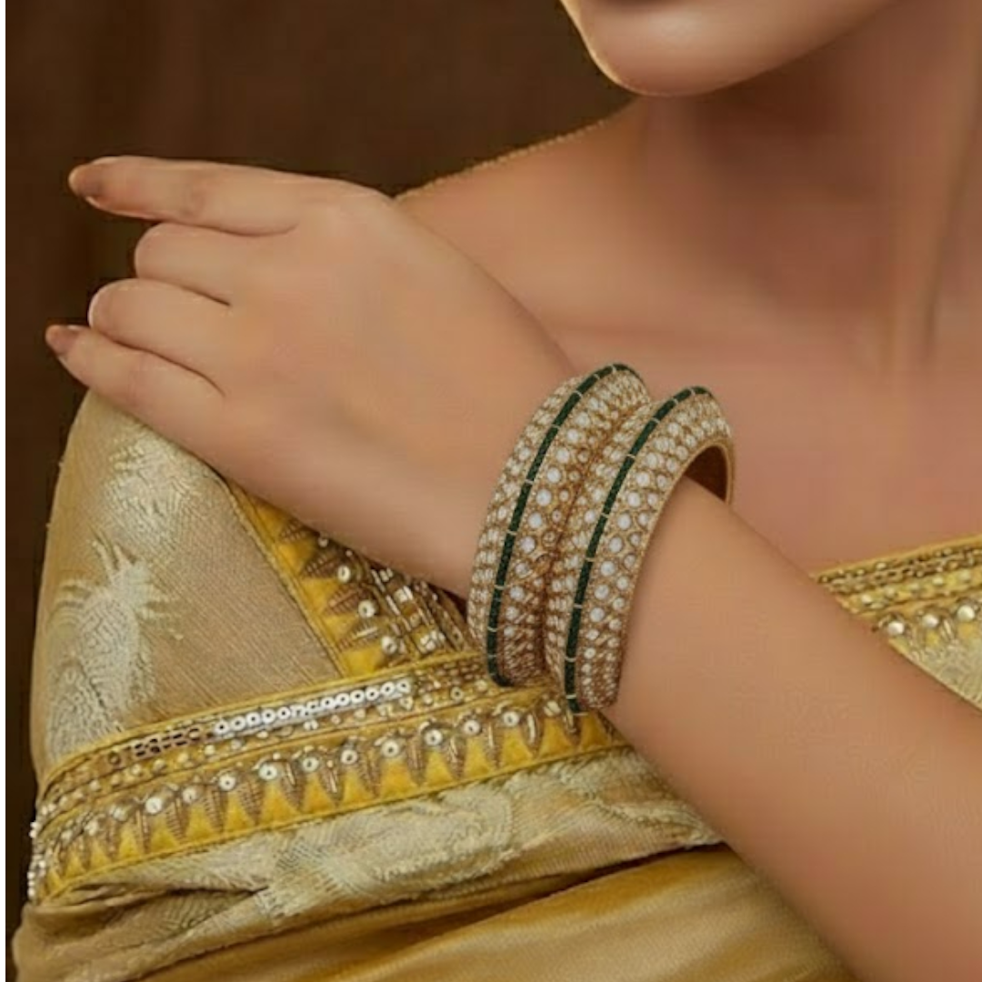 Royal gold-plated Kundan bangles with green stone border – traditional bridal kada set for women