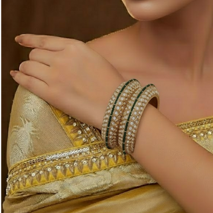Royal gold-plated Kundan bangles with green stone border – traditional bridal kada set for women