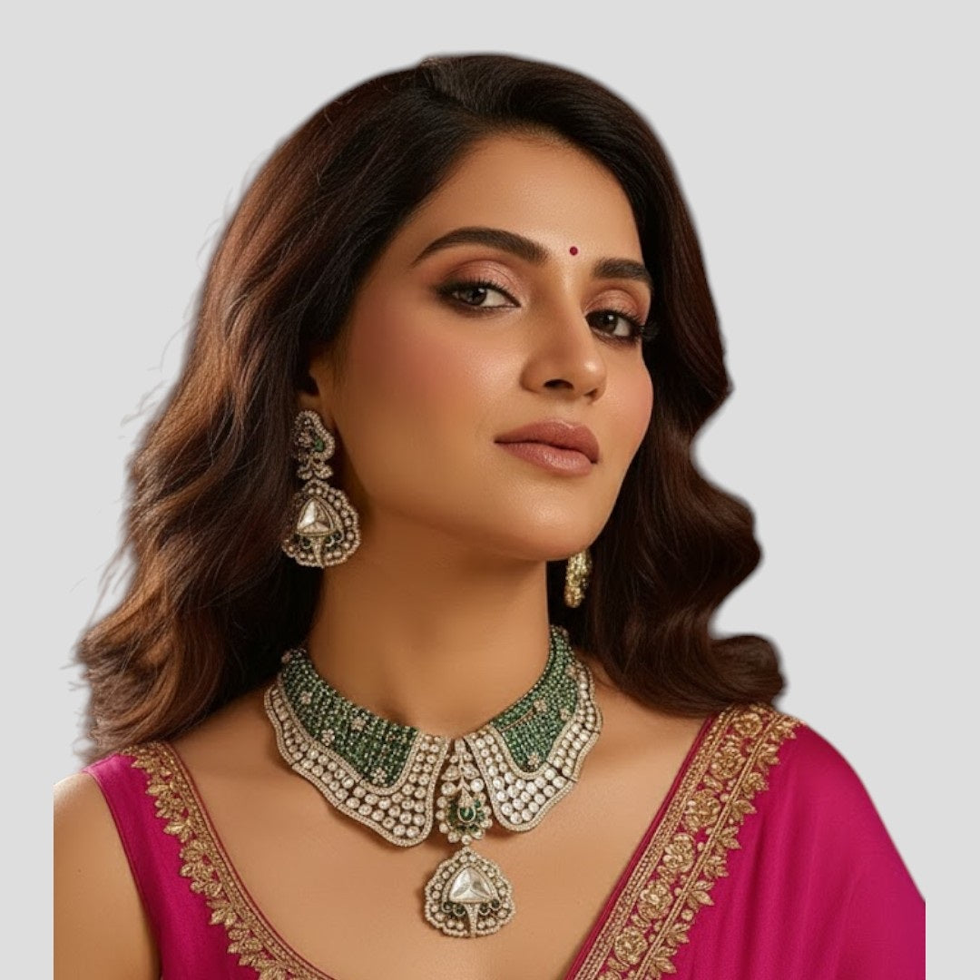 "Green Kundan and Polki bridal necklace set with matching earrings featuring gold-toned detailing and intricate craftsmanship."