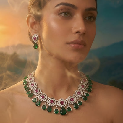 Emerald Green & Ruby Stone Diamond Finish Necklace Set with Earrings | Luxury Bridal Jewellery