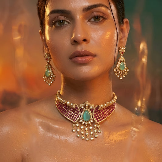 Royal Pink Kundan Choker Necklace Set with Green Stone & Pearl Drop Earrings for Women