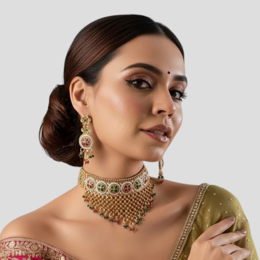 “Gold-plated temple choker necklace set with floral motifs, multicolour stones, mesh design, and matching earrings.”