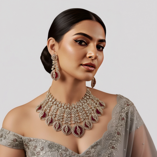 Gold Plated Red Stone Studded Bridal Necklace Set with Earrings