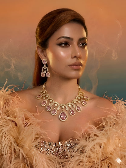 Pink stone kundan necklace set with matching chandelier earrings