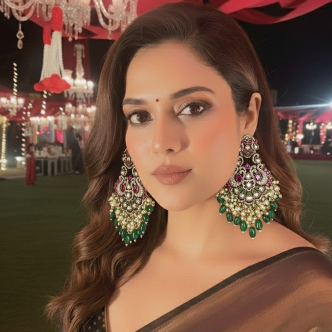 Antique Gold Kundan Chandbali Earrings with Pearl and Green Bead Drops