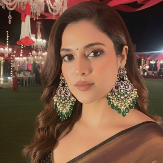 Antique Gold Kundan Chandbali Earrings with Pearl and Green Bead Drops