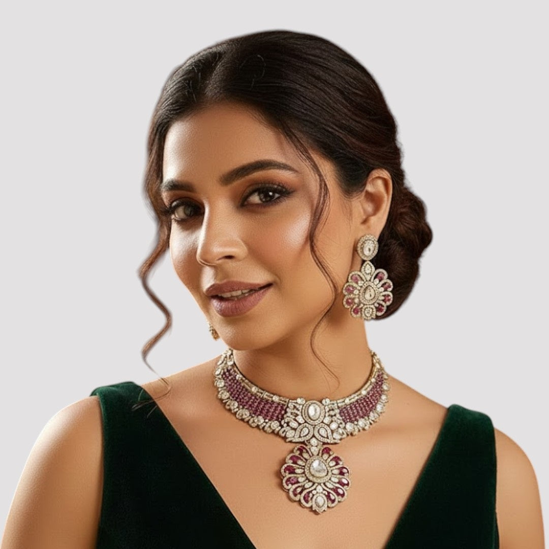 Exquisite pink and white stone-studded necklace set with matching earrings.