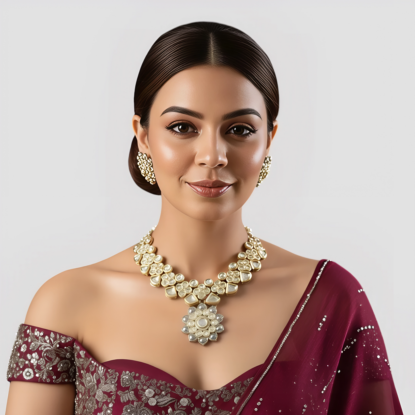 Gold Plated Kundan Stone Traditional Necklace Set with Stud Earrings