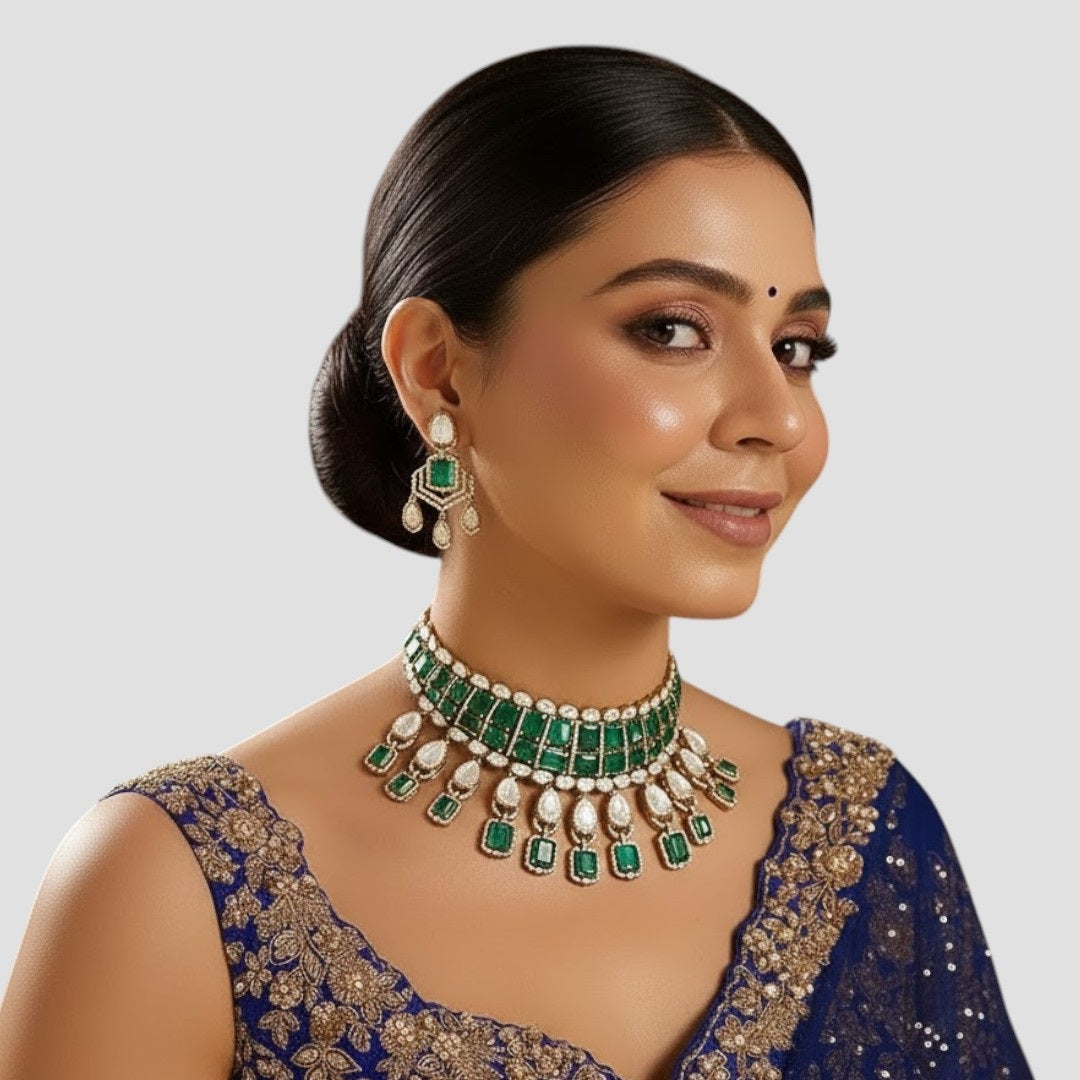 “Traditional choker necklace set featuring emerald-green square stones, Polki-style pear-shaped drops, and matching dangling earrings displayed on a neutral background.”
