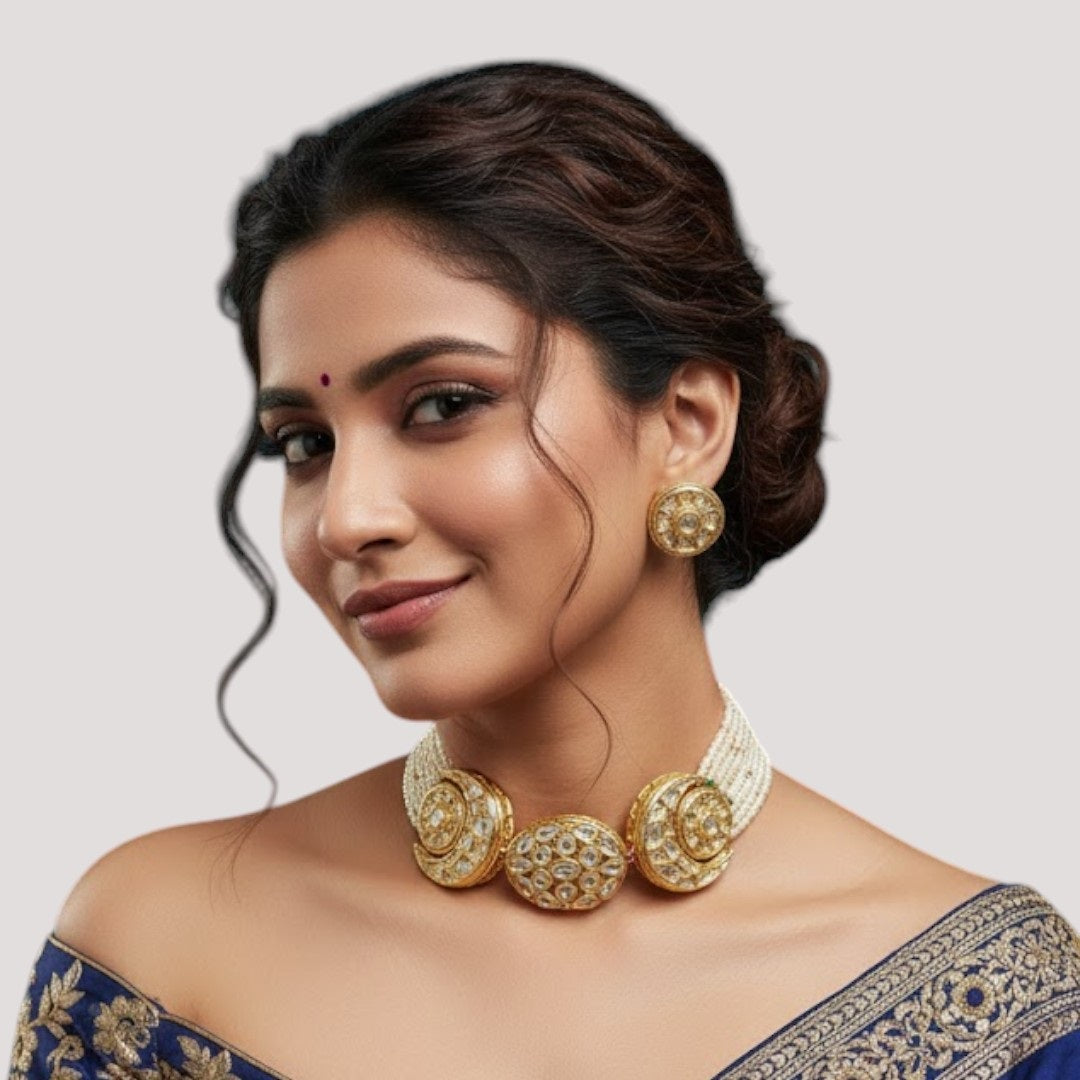 “Gold-plated Kundan choker necklace with pearl strands and matching floral Kundan stud earrings.”