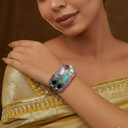 Antique gold-plated Navratna bangle with multi-colored gemstones
