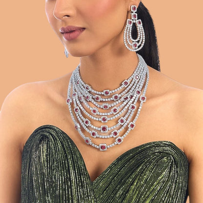 “Luxury multi-layer ruby and diamond choker necklace set with matching earrings for women”