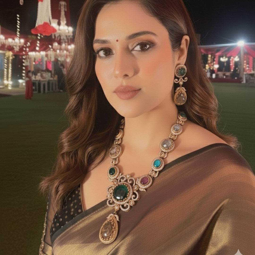 Multicolor Gemstone Necklace Set with Earrings - Auraa Trends