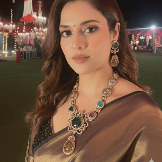 Multicolor Gemstone Necklace Set with Earrings - Auraa Trends