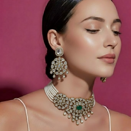 Pearl Beaded Kundan Choker Necklace Set with Green Stone and Earrings – Traditional Bridal Jewelry"