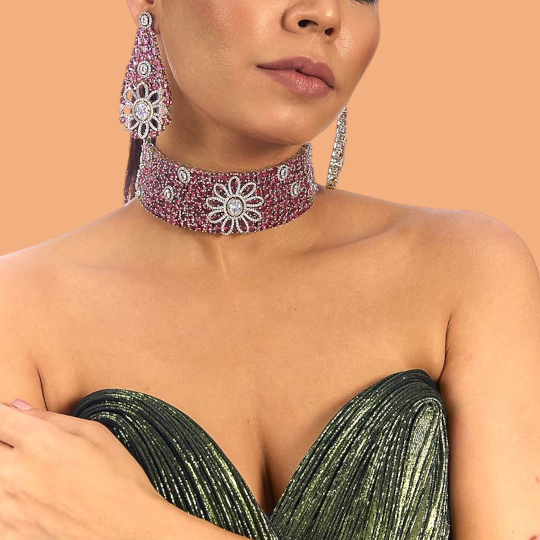 Gold-plated ruby and diamond floral choker necklace set with matching earrings – luxury bridal jewelry for women