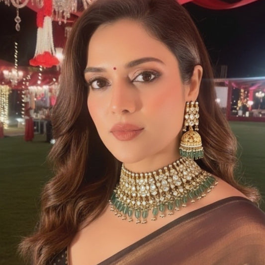 Gold-Plated Kundan Choker Necklace Set with Green Beads & Jhumka Earrings