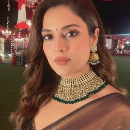 Royal Kundan Pearl & Green Bead Bridal Necklace Set with Jhumka Earrings